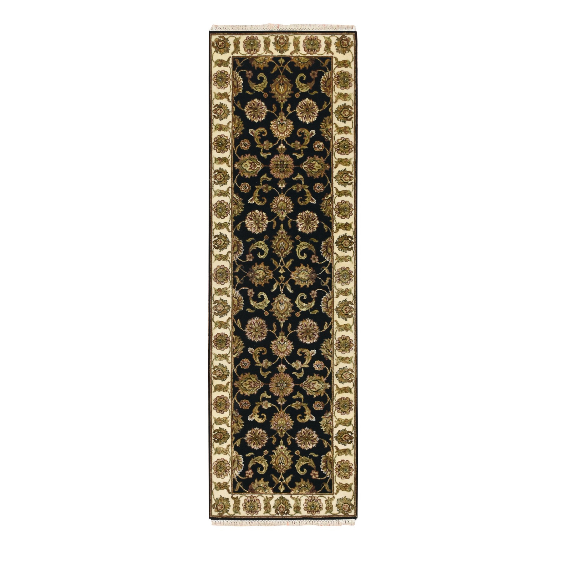 Ebony Black, Rajasthan with All Over Leaf Design, Hand Knotted, Wool and Silk, Densely Woven, Thick and Plush, Runner, Oriental Rug
